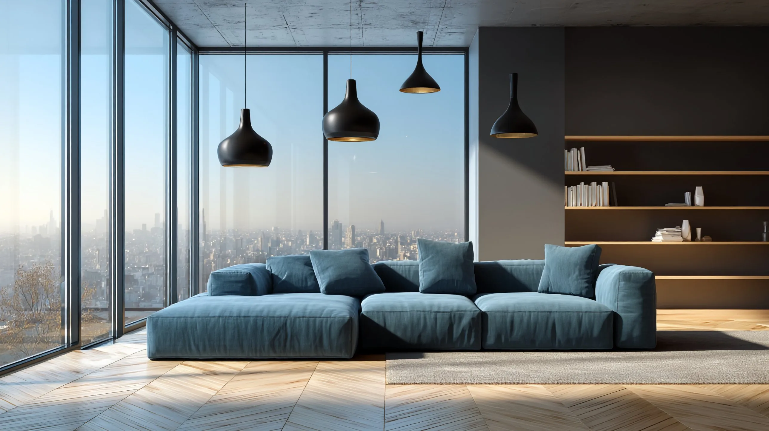 Living room with a modular sofa and pendant lamps in front of a floor-to-ceiling window over the city