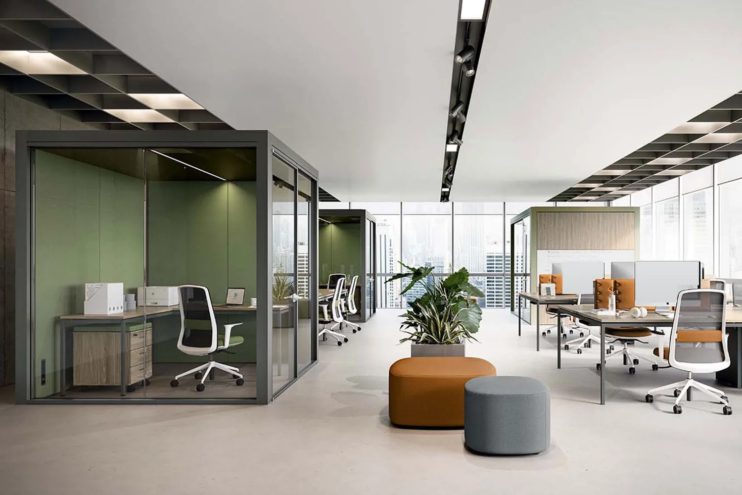 Ufficio con cabine acustiche, postazioni e pouf a noleggio
