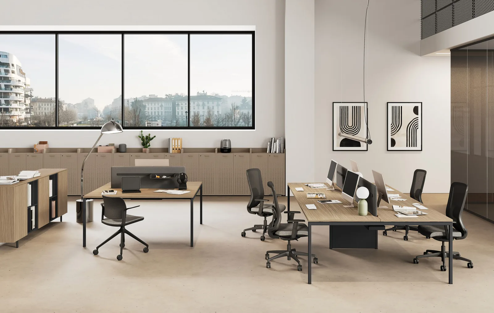 Open plan office in Milan with rented bench desks and task chairs